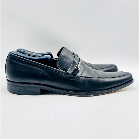 Hugo Boss Loafers Mens 9.5 Black Leather Horsebit Shoes Vintage Made in Italy - Picture 1 of 13